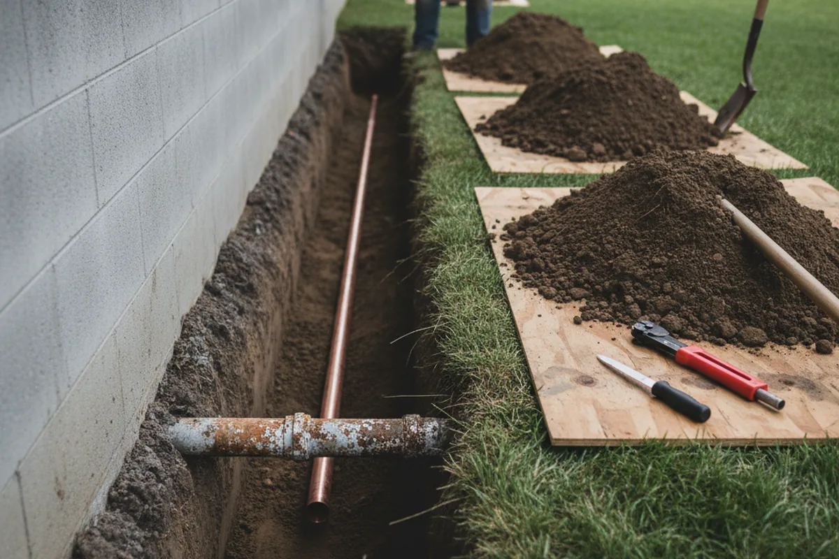 Excavated water line trench during Water Softener Installation in Adah